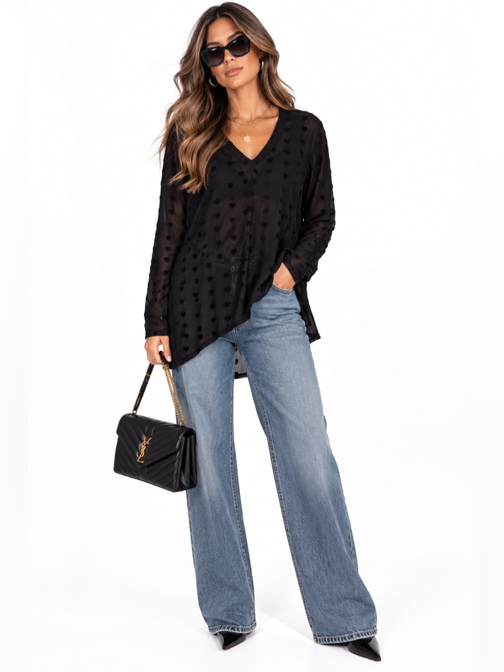 Bobeau Black Flocked Velvet Heart Hearts Love V-Neck Blouse Top Large Nordstrom
